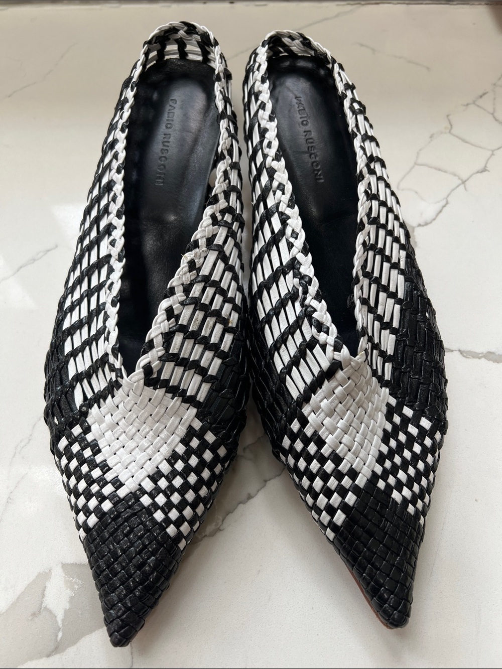 Fabio Rusconi Sz 39.5 Black and White Woven Leather Mules 1.5” Kitten Heel - Picture 4 of 7